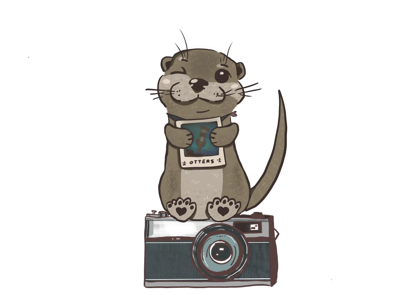 An otter perched on a vintage camera, holding up an OtterS polaroid